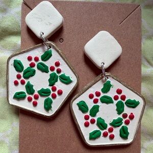Holly Berry Festive Handmade Polymer Clay Earrings with Green and Red Accents